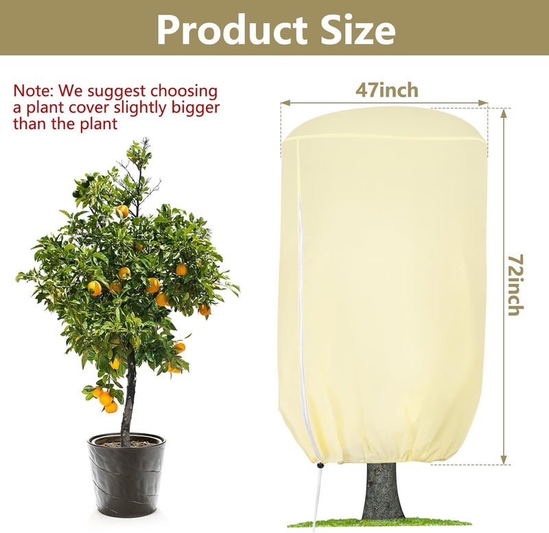 ANGAR 2 Pack Rounded Top Plant Covers Freeze Protection for Winter, Plant Covers for Winter, 47" X 72" Tree Frost Protection Blankets Outdoor With Zipper/Drawstring, for Shrub Bush Fruit Tree Potte(Beige) - Image 5